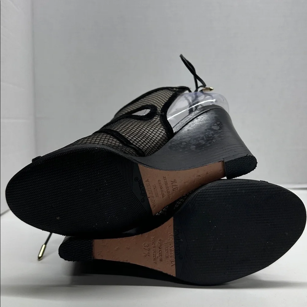 Aquazzura Sexy Thing Suede Wedges Heeled Sandals Open Toe Mesh Black Size 7.5